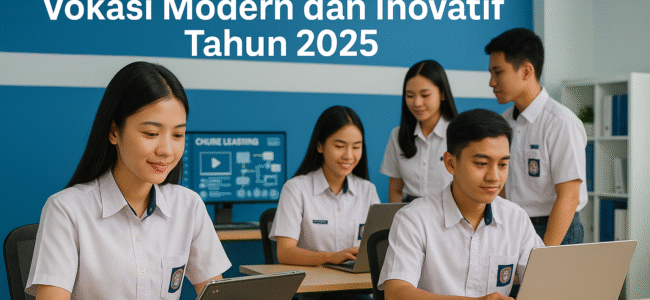 Siswa SMK Fransiskus 2 sedang belajar di ruang kelas digital modern dengan laptop dan layar interaktif dalam suasana futuristik dan edukatif tahun 2025