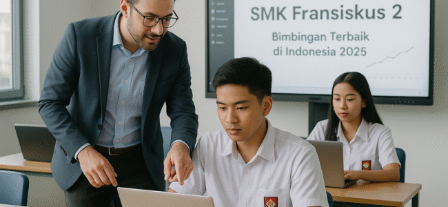 Guru sedang membimbing siswa SMK Fransiskus 2 di ruang kelas digital modern dengan laptop dan papan interaktif