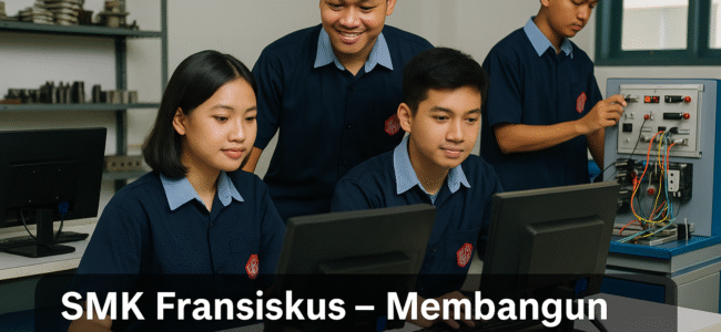 Siswa SMK Fransiskus sedang belajar di ruang praktik modern dengan komputer dan mesin industri.