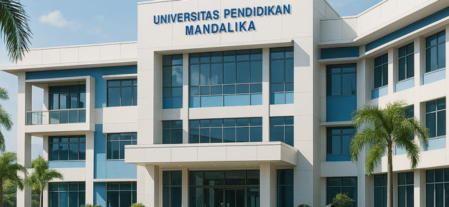 Gedung Universitas Pendidikan Mandalika dengan suasana modern dan mahasiswa beraktivitas