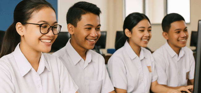 Siswa-siswi SMK Fransiskus 2 Jakarta belajar komputer di laboratorium modern, menggambarkan semangat membangun keterampilan digital.