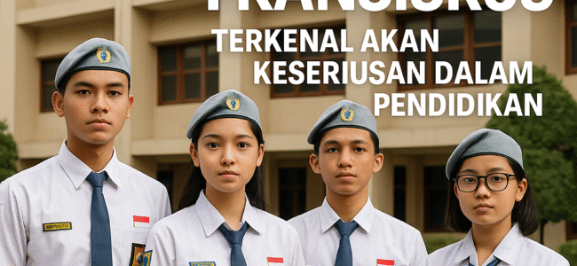 Siswa-siswi SMK Fransiskus berdiri di depan gedung sekolah dengan ekspresi serius sebagai simbol keseriusan dalam pendidikan.
